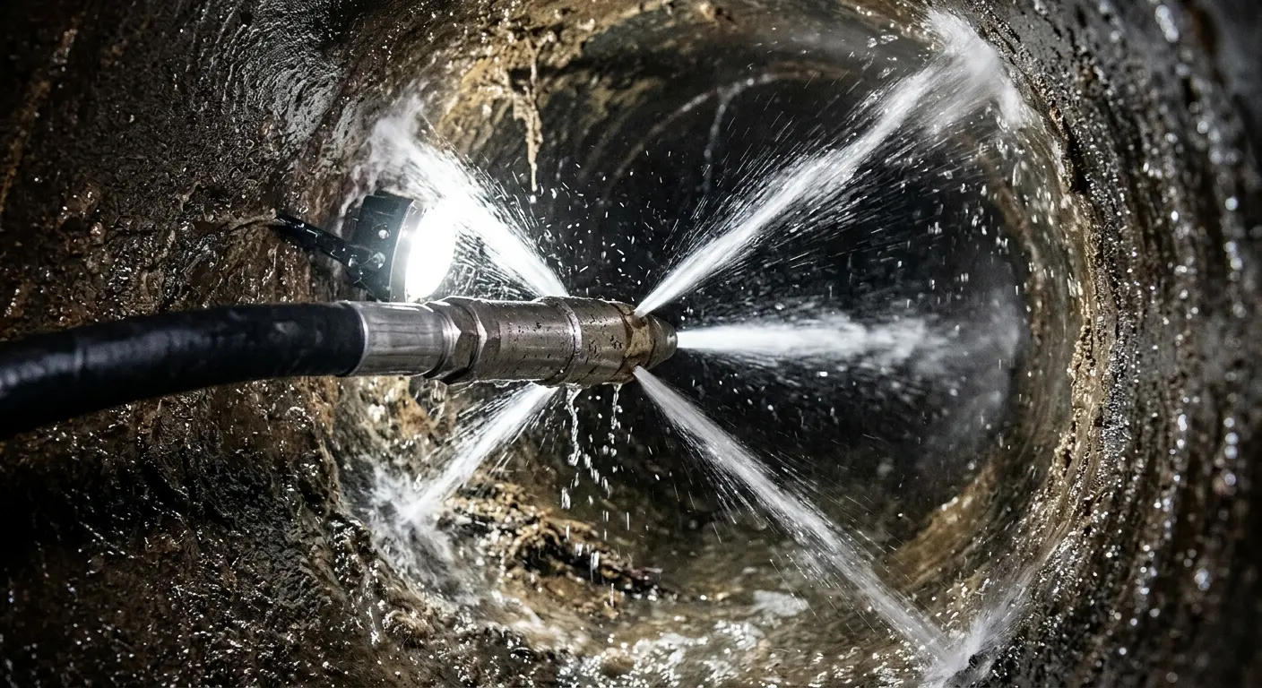 High-pressure hydro jetting nozzle cleaning sewer pipe for Trenchless Sewer Repair in Deale