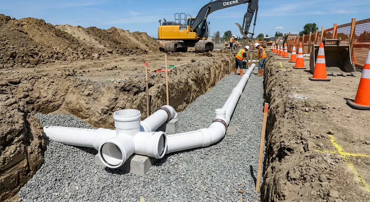 New PVC sewer pipe installation in open trench for Sewer Backup in Deale