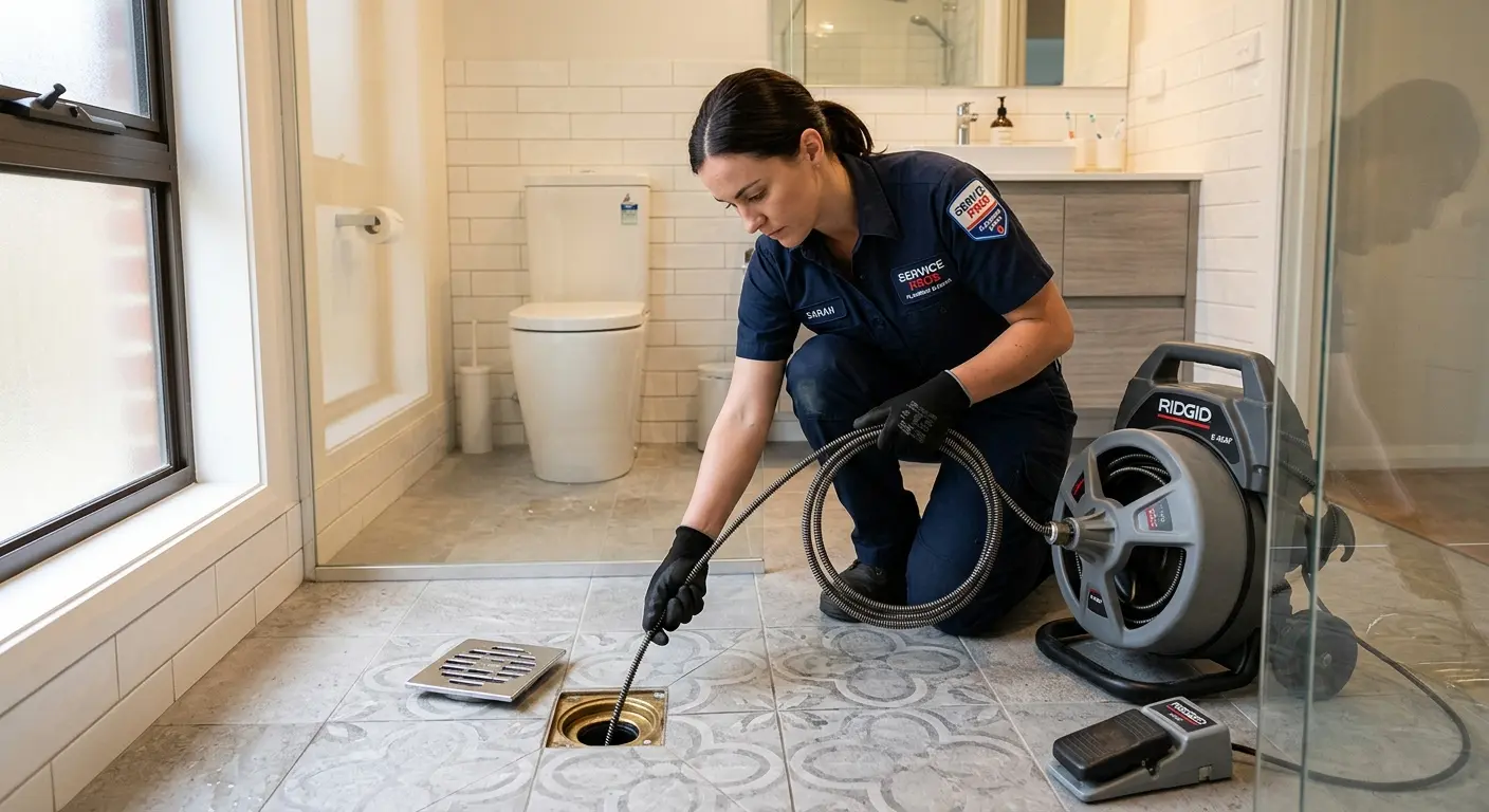 Technician clearing a bathroom floor drain for Hydro Jetting in Deale